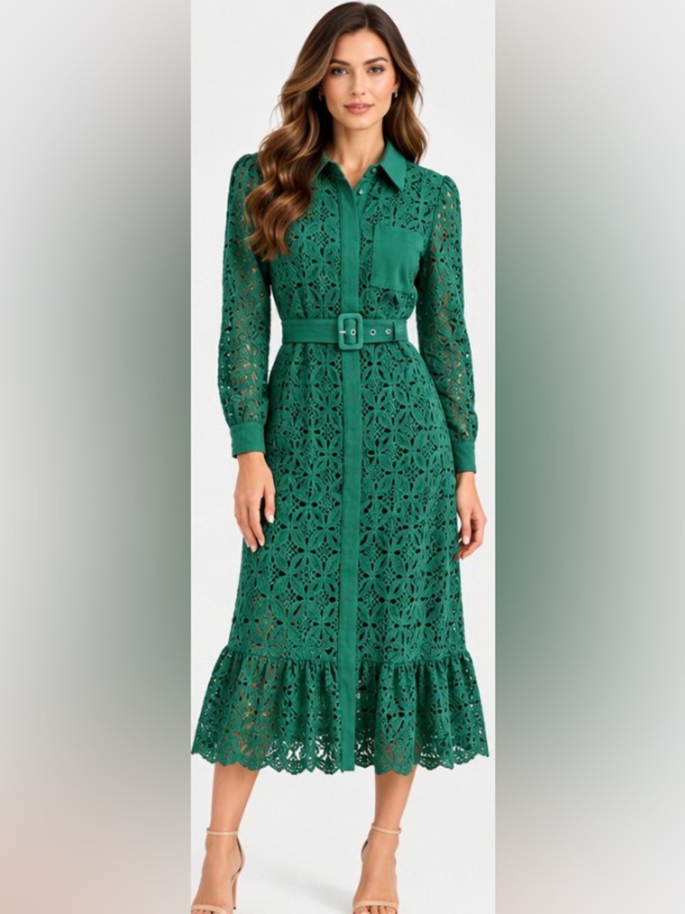 T Tahari Green Cotton Lace Belted Midi Dress Size 2 NWT $178